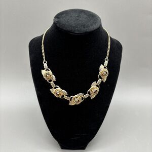 Vintage Rose Bib Necklace 1950s Floral Rhinestone Gold Tone Mid Century Riveted
